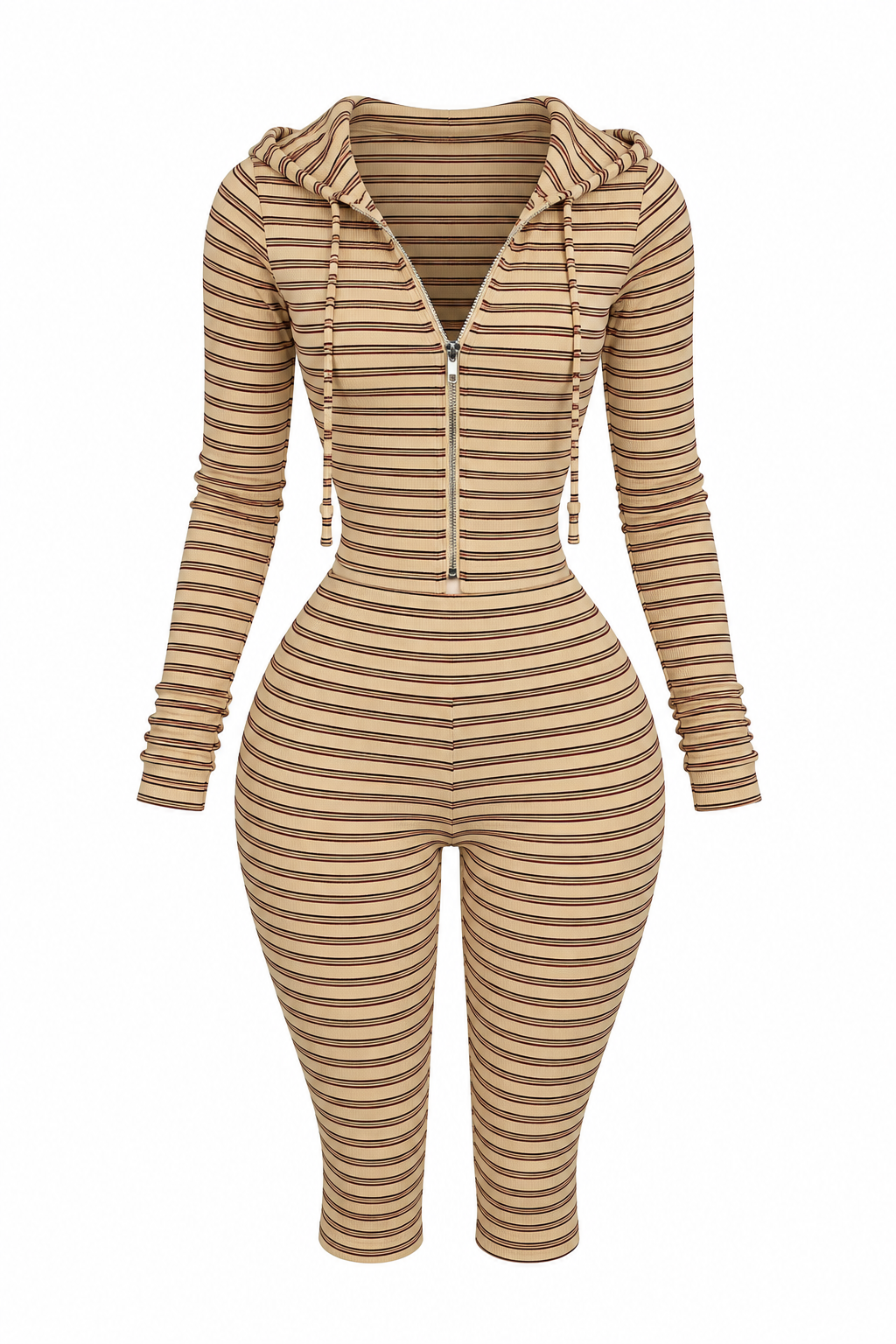 Taupe Striped Zip-Up Set