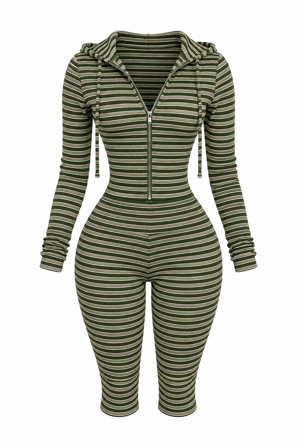 Olive Striped Zip-Up Set
