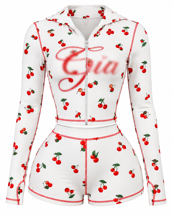 Cherry Print Hooded Set
