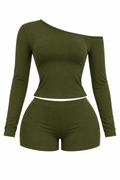 Olive Off-Shoulder Shorts Set