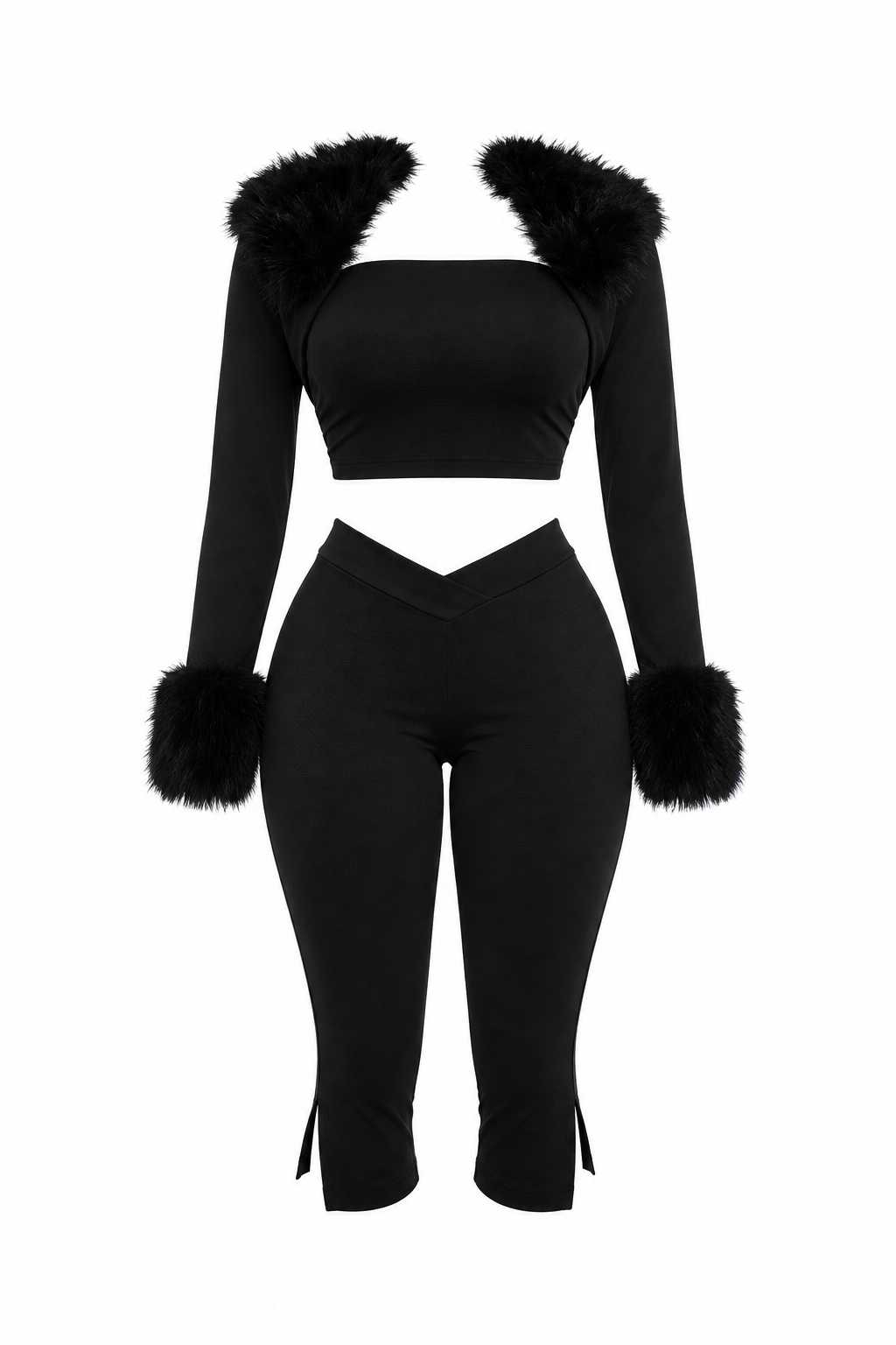 Faux Fur Trim Pants Set