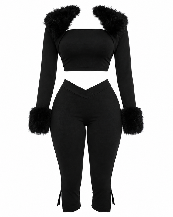 Faux Fur Trim Pants Set